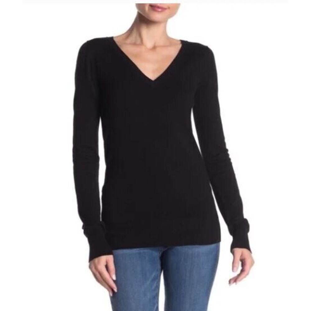 Abound Women's Lightweight V-Neck‎ Cotton Blend Ribbed Sweater in Black XS